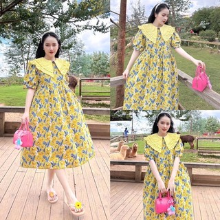 Đầm bầu thanh lịch cổ bèo hoa dáng rộng - Váy babydoll tay bồng hoạ tiết hoa form rộng bầu mặc xinh
