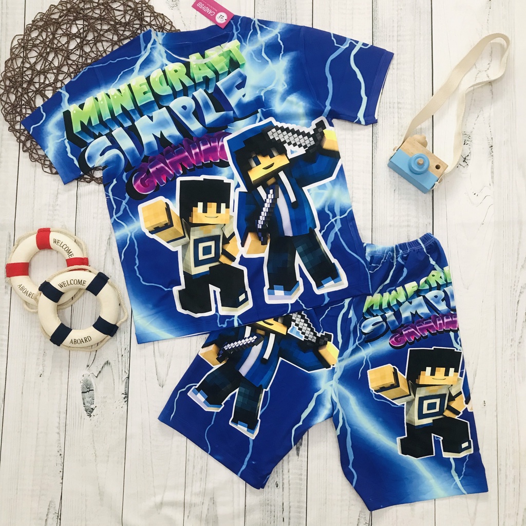 Đồ bộ bé trai, Bộ thun lạnh cộc tay bé trai in 3D hình Minecraft siêu đẹp có size đại 10kg - 60kg