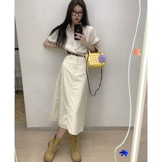 SET ÁO NUDE CỔ SƠ MI CHÂN VÁY MIDI