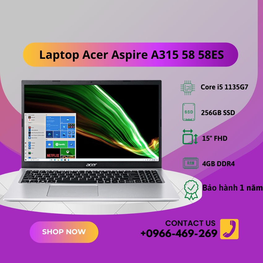 Laptop Acer Aspire A315 58 58ES NX.ADDSV.00H (I5-1135G7/ 4Gb/ 256Gb SSD/ 15.6&quot;FHD/ Win11)