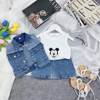 Bộ bé gái,Set 3ct áo gile chân váy bò áo mjckey cho bé gái