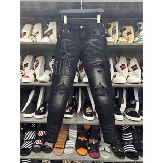 Quần jean bò nam Amiri skinny đen mài thêu chữ đùi phối rách lót da nhăn cá sấu cao cấp QJ46P