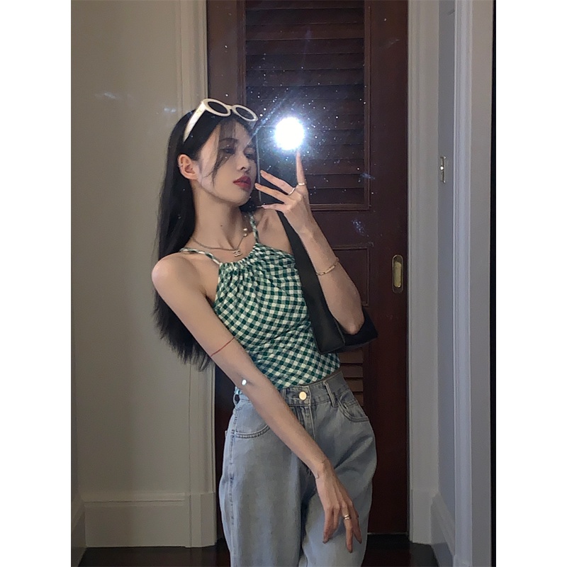 Áo croptop ZHELIHANGFEI dệt kim cổ yếm hai dây gợi cảm thời trang cho nữ