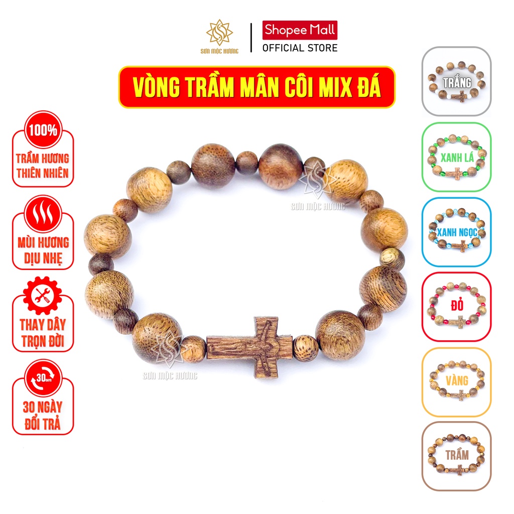 Vòng mân côi đeo tay nam nữ công giáo trầm hương Sơn Mộc Hương thánh giá cao cấp