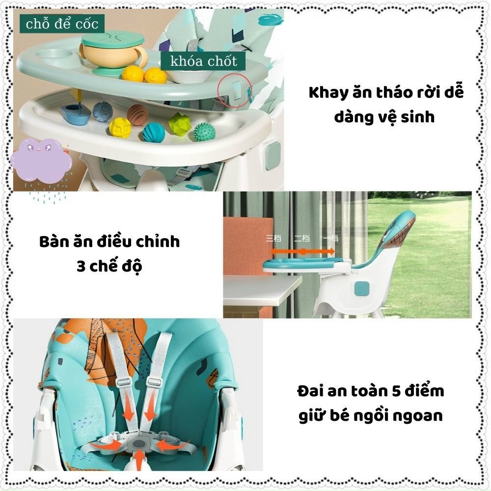 Ghế ăn dặm hoạ tiết gập gọn 6 in 1 (ngả ngửa- bập bênh- có bánh xe- nâng cao - hạ thấp)