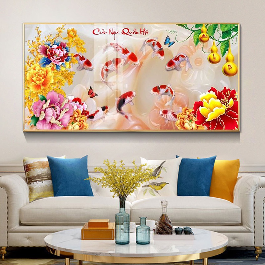 Tranh Treo Tường Tổng Hợp Các Mẫu Tranh Cá Koi , Cá Chép , Cửu Ngư Quần Hội Bức Ngang Siêu Đẹp Trang Trí Phòng.