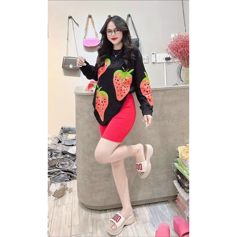 [3.3 Sales Freeship] Set bộ đùi mặc đi chơi, set áo thun tay dài from rộng in dâu phối quần lửng ngố ôm siêu cute mtb