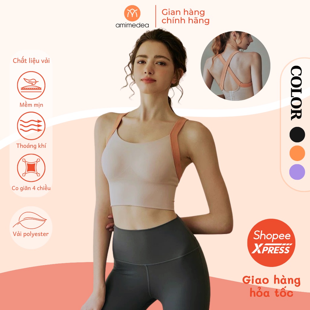 Áo lót bra thể thao nữ, tập gym yoga cao cấp AMI Medea dây đan chéo lưng, đệm mút may cố định, 4 nấc điều chỉnh G3-014