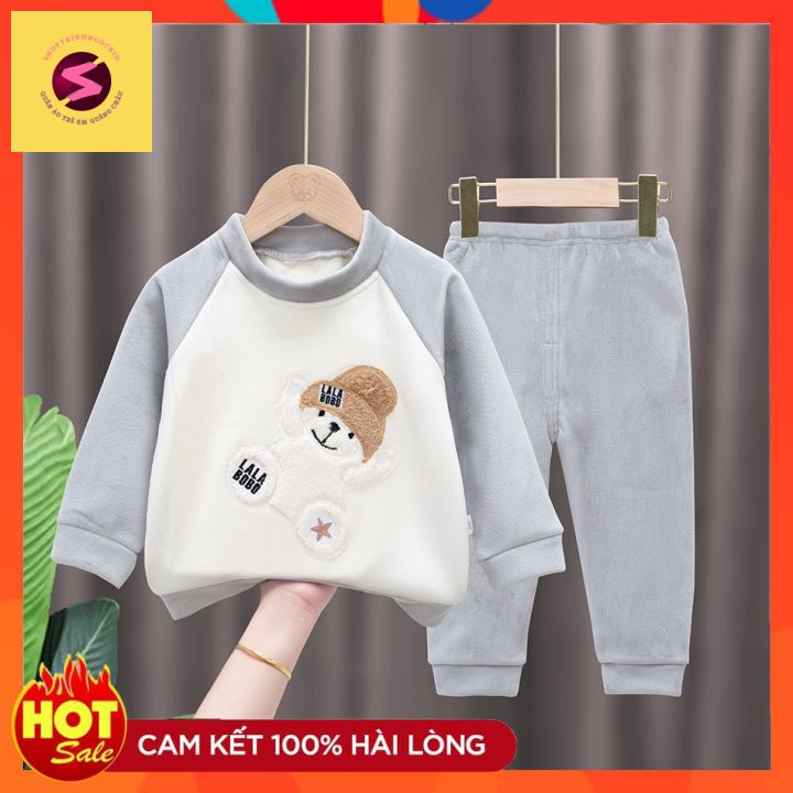 Bộ quần áo trẻ em thu đông,100% nhung thêu gấu, thỏ hàng quảng châu cao cấp bé trai bé gái từ7-30kg