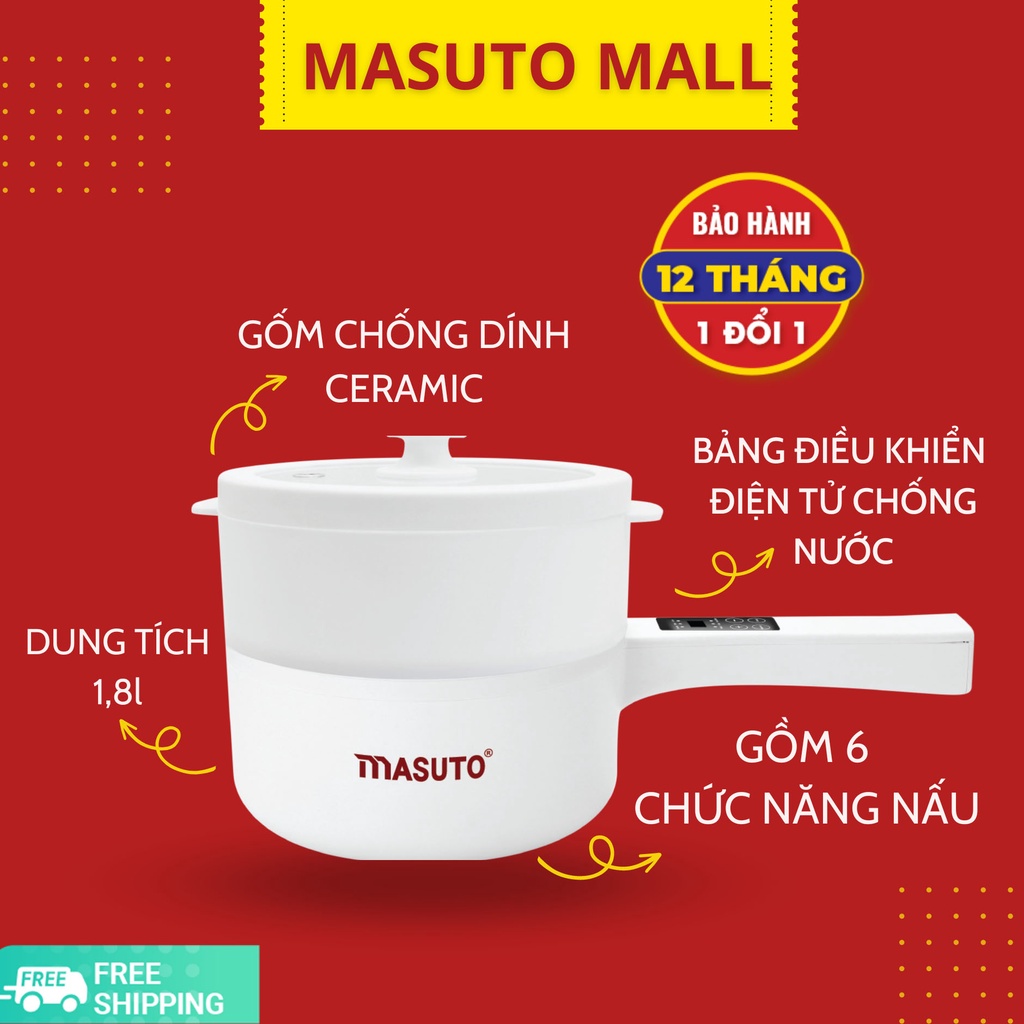 Nồi lẩu điện đa năng 2 tầng Masuto 6in1 nấu nhiều món 1.8L với 6 chế độ nấu thông minh công suất 700W (Tặng vỉ hấp)