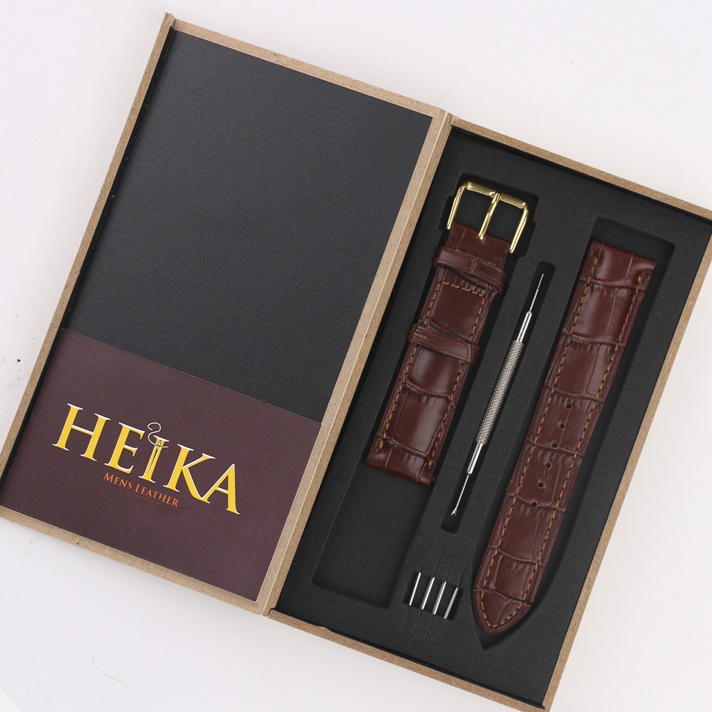 Dây đồng hồ dập vân cá sấu Heika, dây da đồng hồ cao cấp handmade khâu tay thủ công size 18mm, 20mm, 22mm, 24mm