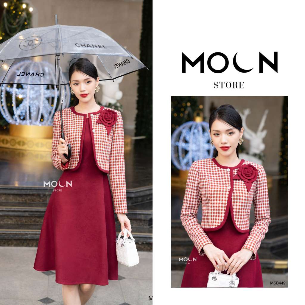 Set váy áo công sở chất dạ kẻ, áo vest ký giả croptop mix váy nhung tăm thu đông dài MSB449 Moon