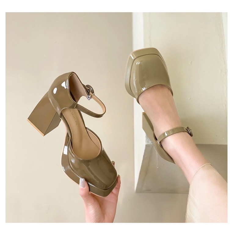 Giày búp bê nữ da bóng gót vuông cao 9cm có khoá cài