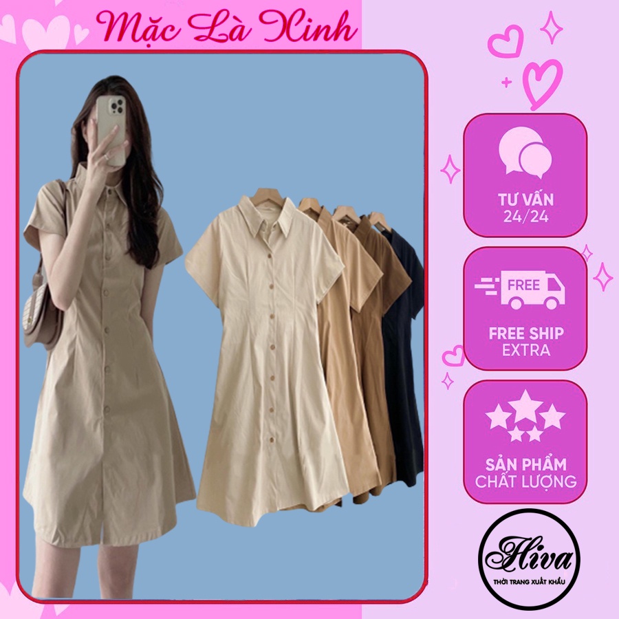 Váy đầm nữ basic Hiva fashion cổ sơ mi cài cúc chiết eo croptop lưng chun body cộc tay nhiều màu 8368