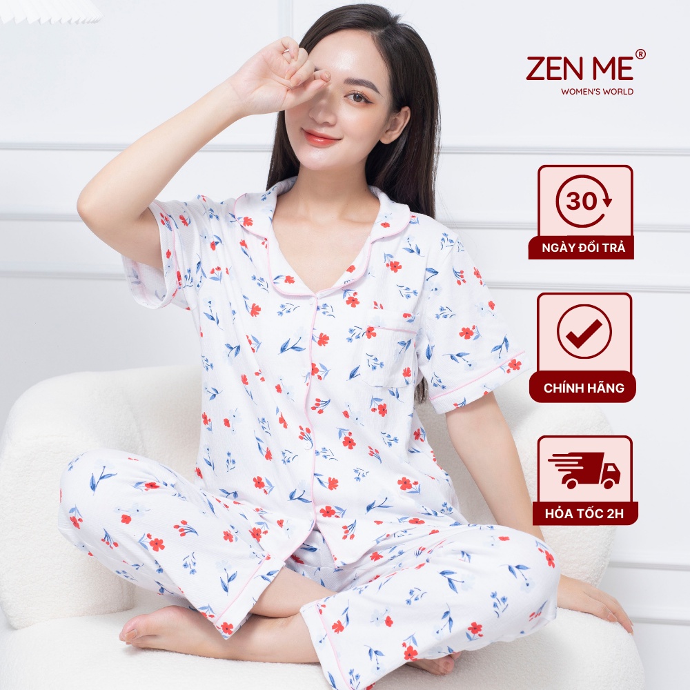 Đồ Bộ Mặc Nhà Pijama Nữ Zen Me Women's World Chất Xốp Nhăn Cộc Tay Quần Dài Mềm Mịn Thoải Mái Pjcd1122