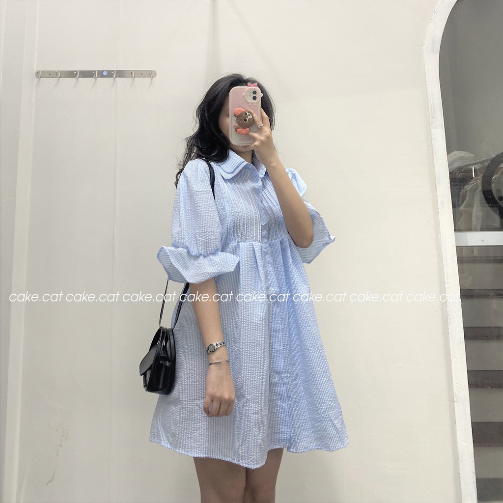 Váy Sơ Mi Xốp Váy Sơ Mi Babydoll cổ sen dễ thương Váy kẻ xanh tay bèo