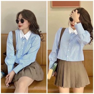 Áo Sơ Mi Croptop Nữ phối Kẻ Sọc màu xanh Cổ Trắng Dáng Croptop xinh xắn