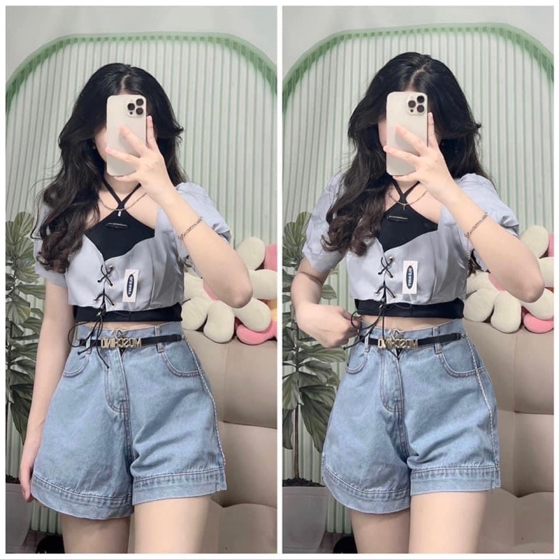 Set áo croptop vai phồng đan dây kèm áo yếm siêu ngầu Ulzzang