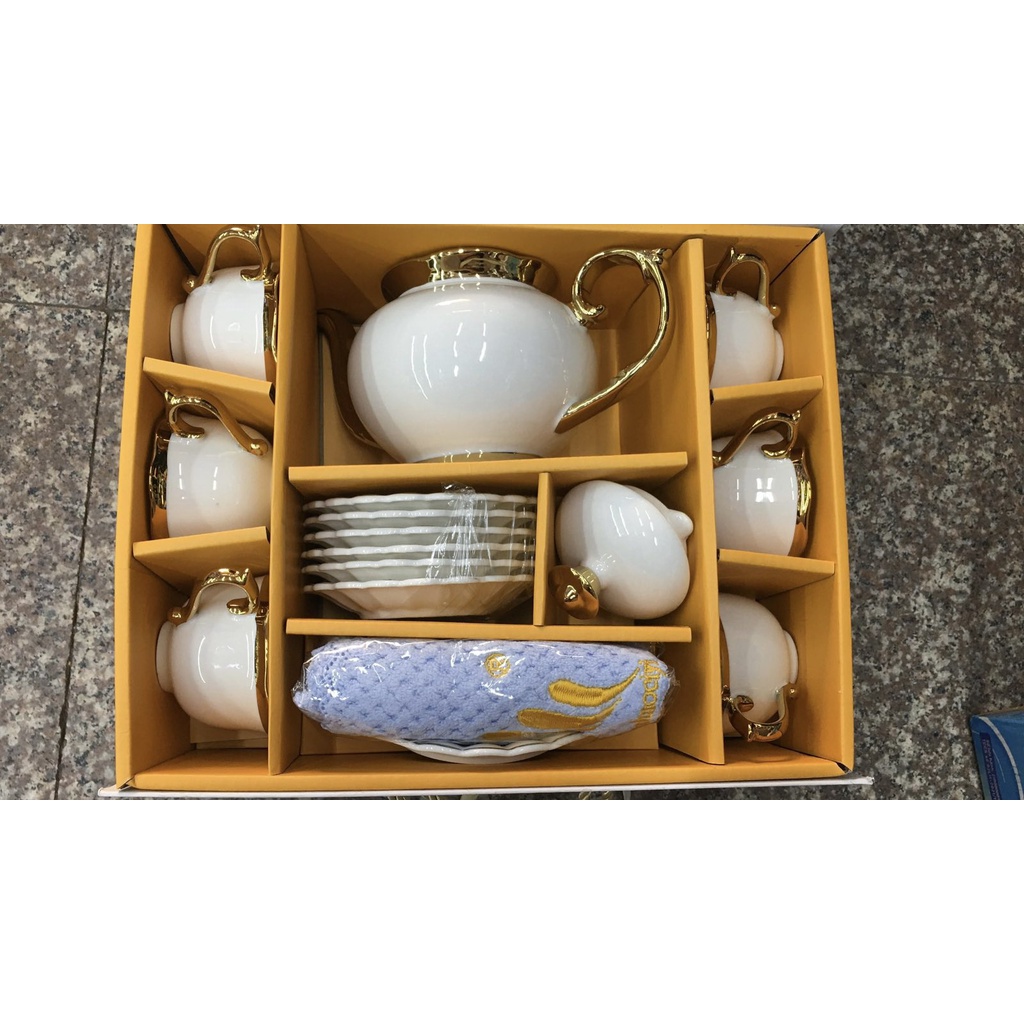 Bộ ấm chén sứ trắng viền vàng kèm đĩa kê 14-39