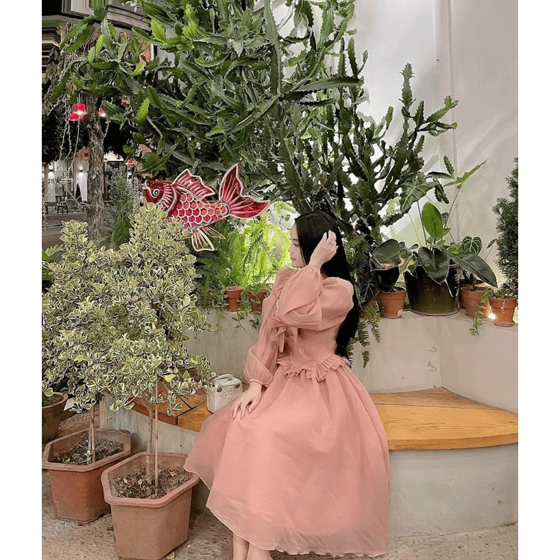 Đầm Nữ Dáng Xòe Voan Tơ Phối Nơ Đính Ngọc Mặc Đẹp Dáng Xinh NEW UNISEX