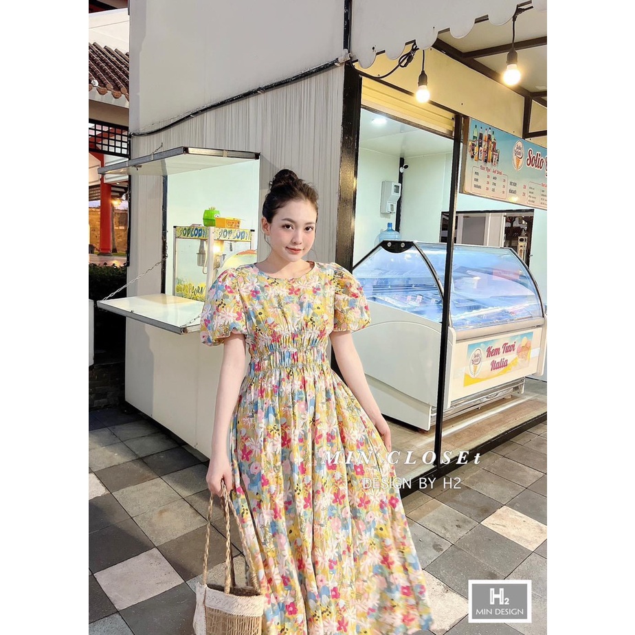 Đầm Váy Hoa Nhí Phối Nhún Eo Cổ Bèo Tay Bồng Dáng Babydoll Vải Thô Mát Hàng Đẹp Chuẩn Hình Thật