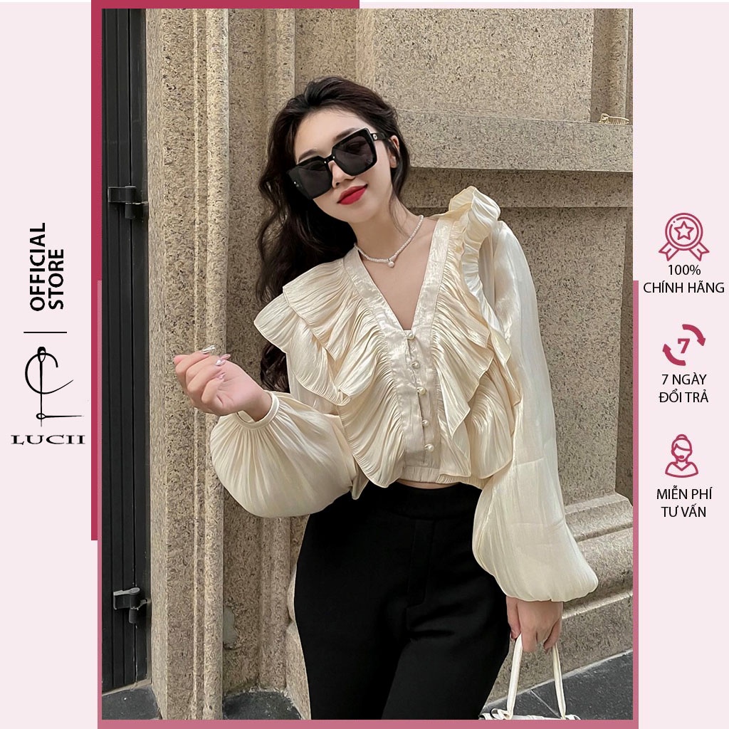 Áo sơ mi nữ LUCII croptop thiết kế tay phồng chất liệu tơ óng sang chảnh - LU26