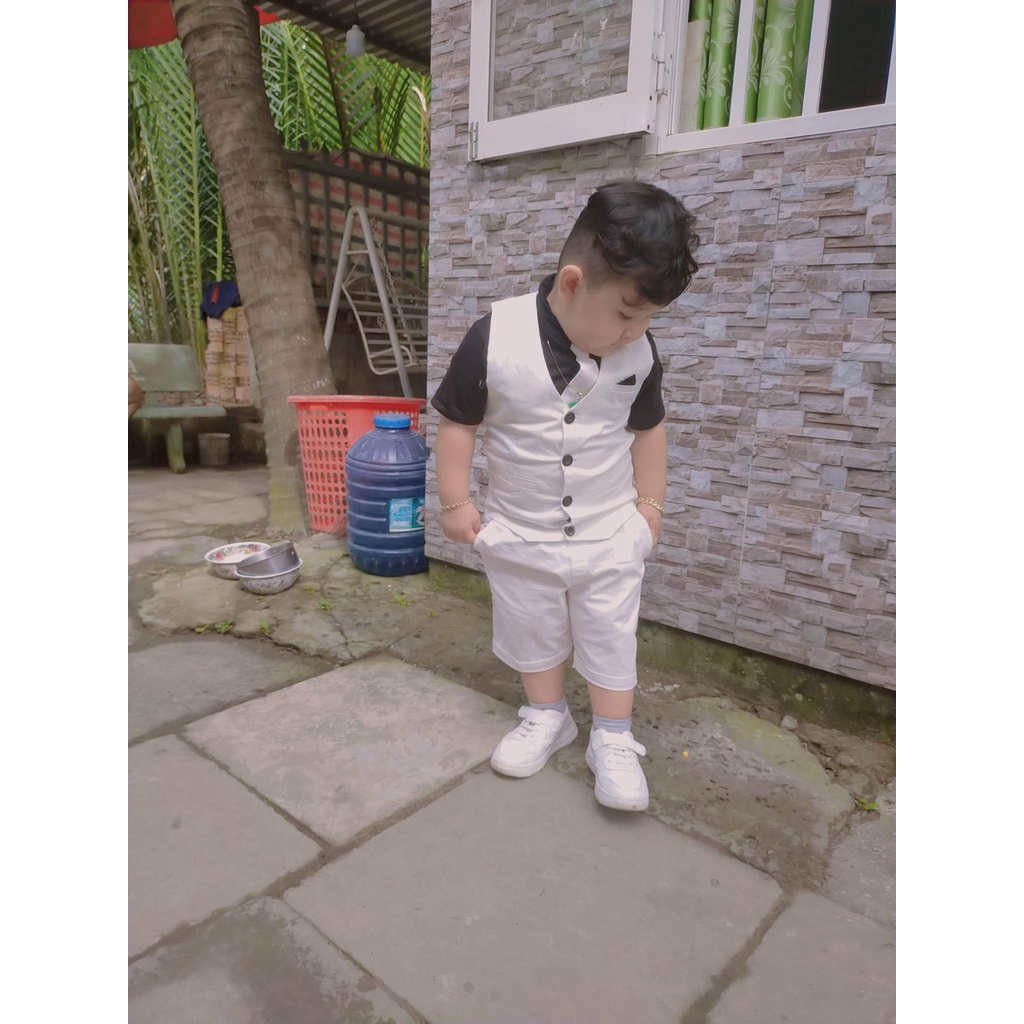 Bộ Vest Ghile Bé Trai Công Tử Bạc Liêu Sang Chảnh + Tặng kèm áo thun cổ sơmi  - Màu Trắng