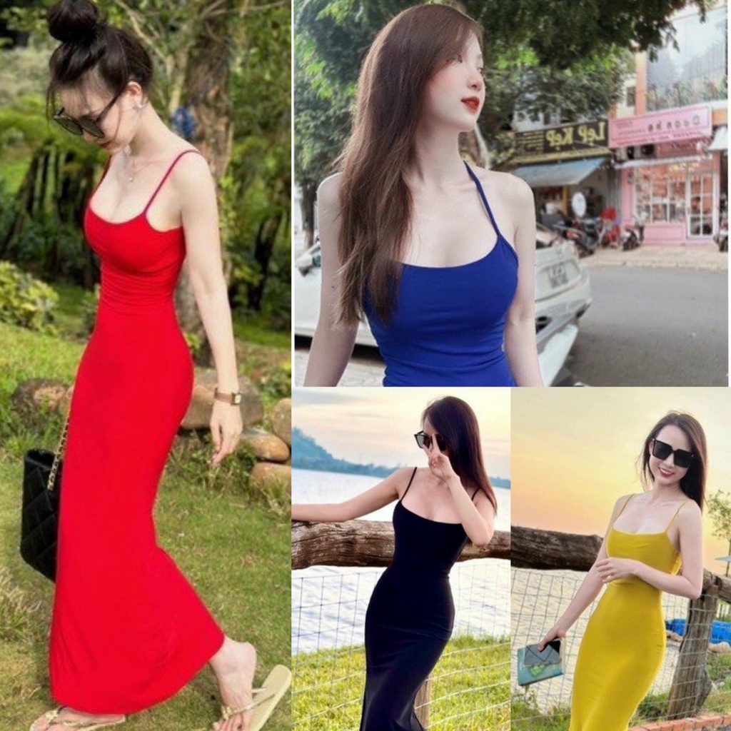 Đầm body hai dây dáng dài hở lưng ngực có mút chất thun mịn xinh lung linh