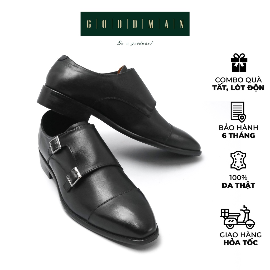 Giày da bò nam đế phíp gỗ tăng chiều cao form chuẩn GOODMAN MonkStrap Luxury đen GM MS-Đ