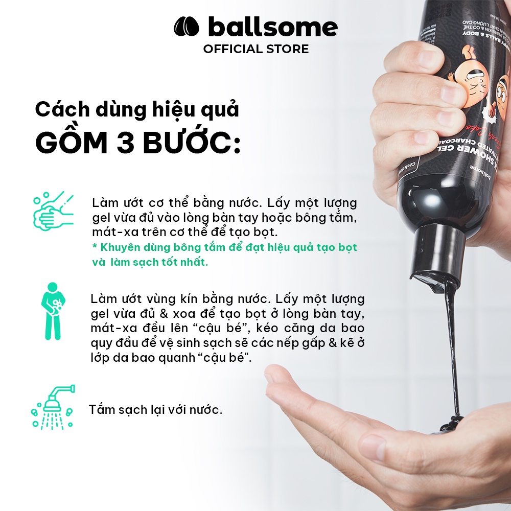 Gel Tắm Than Hoạt Tính Ballsome Sạch Cơ Thể & Khử Mùi Vùng Kín Nam Giới Hiệu Quả 250ml