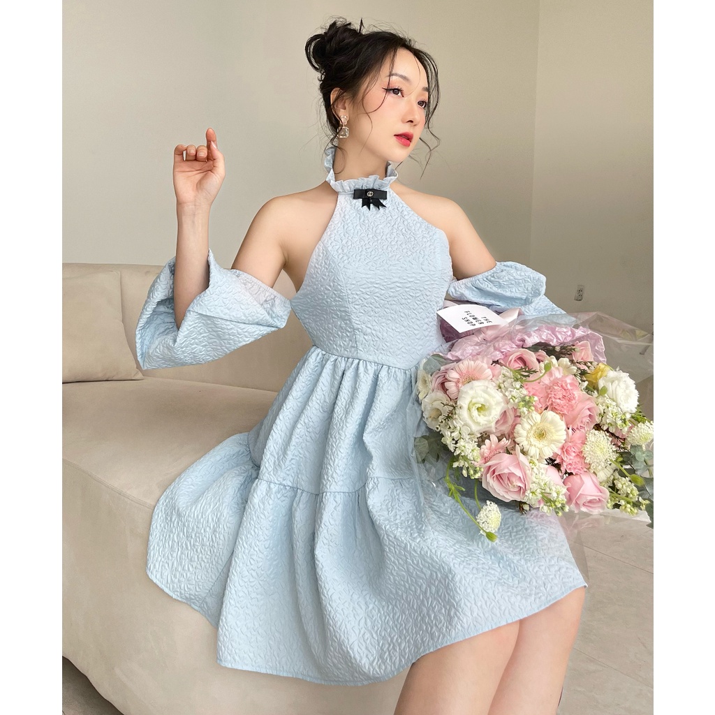 KIOBI – Đầm Mary form babydoll mini cổ yếm nhún bèo, tay bí, tùng xòe 2 tầng, lưng thun, vải gấm xốp xanh - KID232161X