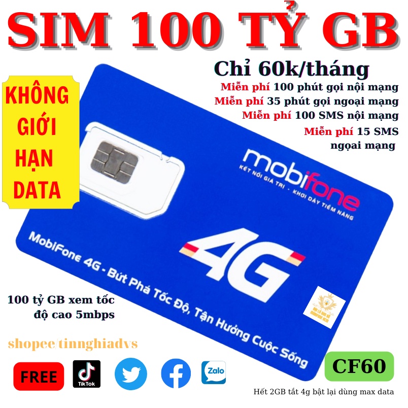 Sim KO GIỚI HẠN DUNG LƯỢNG Mobifone CV119 - Max90 - ED60 - AG60 - CF60 - C120 - OF70