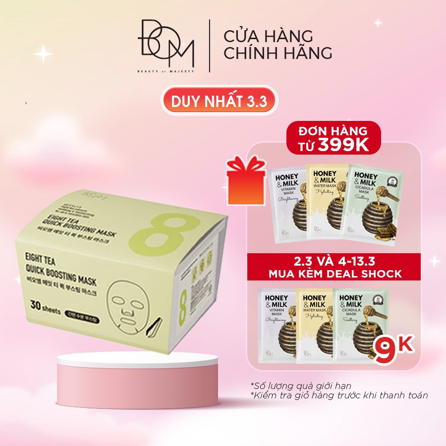 Mặt nạ phục hồi B.O.M chiết xuất từ 8 loại trà thiên nhiên B.O.M Eight tea Quick Boosting Mask (Hộp 30 miếng)