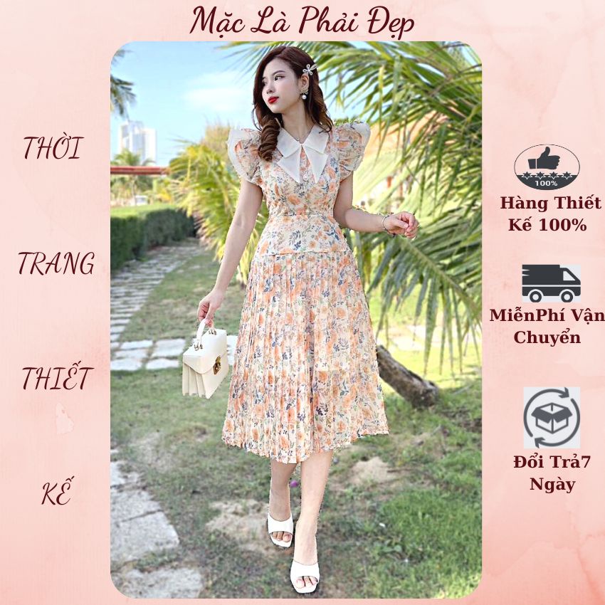 Váy hoa tiểu thư dự tiệc chất voan, cổ bèo, thiết kế sát lách trẻ trung, chân váy xếp ly duyên dáng - Đầm thiết kế