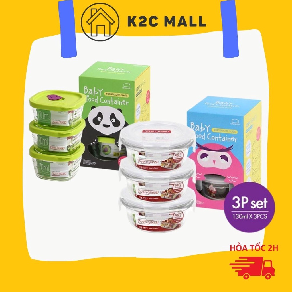 Bộ 3 hộp thủy tinh chịu nhiệt đựng thực phẩm cho bé dùng được lò vi sóng Lock&Lock LLG812S3, LLG161S3