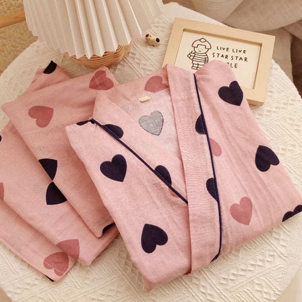 Bộ Đồ Ngủ Cotton Nguyên Chất Tay Dài Phong Cách Kimono Tình Yêu Mùa Xuân Hè Cho Nữ