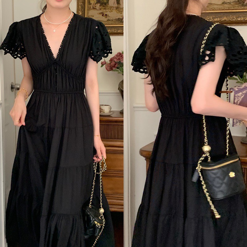 Váy dài midi cổ V, tay phối ren tinh tế che khuyết điểm vai to, Đầm đẹp hack eo freesize dưới 60kg