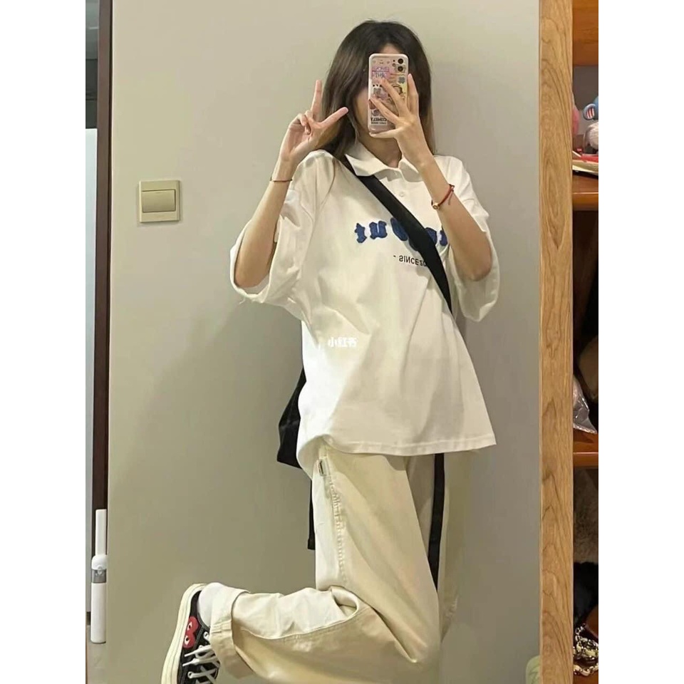 Áo polo cộc tay in chữ màu xanh LN40PL2