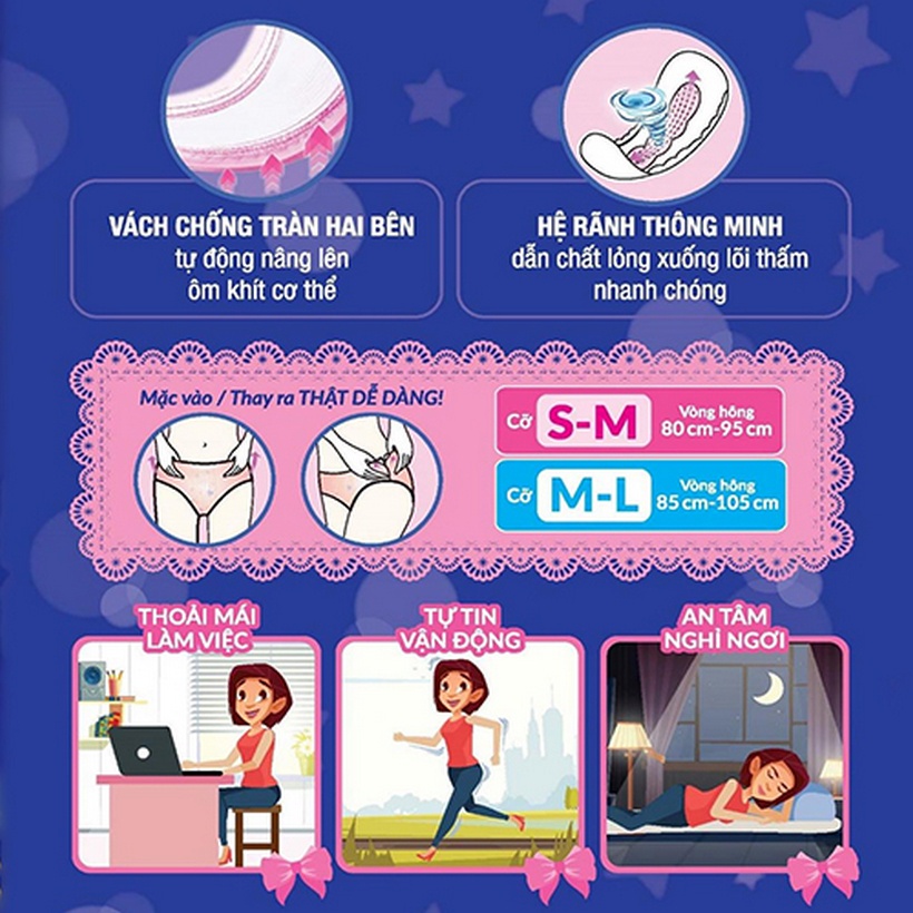 Băng đêm dạng quần Diana Size M-L gói lớn 5 chiếc/gói, vòng hông 85cm-105cm dùng cho mẹ sau sinh Mẹ Bé Donan