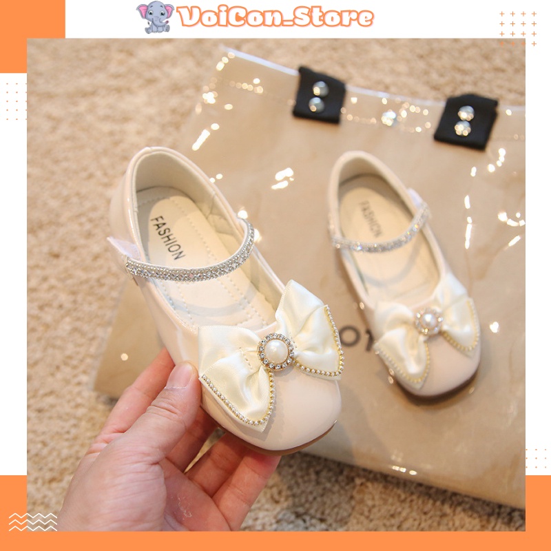 Giày búp bê bé gái, giày công chúa nơ ngọc đính đá xinh xắn cho bé 2-10 tuổi