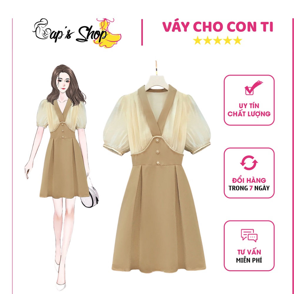 Váy cho con ti, dáng xòe A, cổ V lên dáng gọn