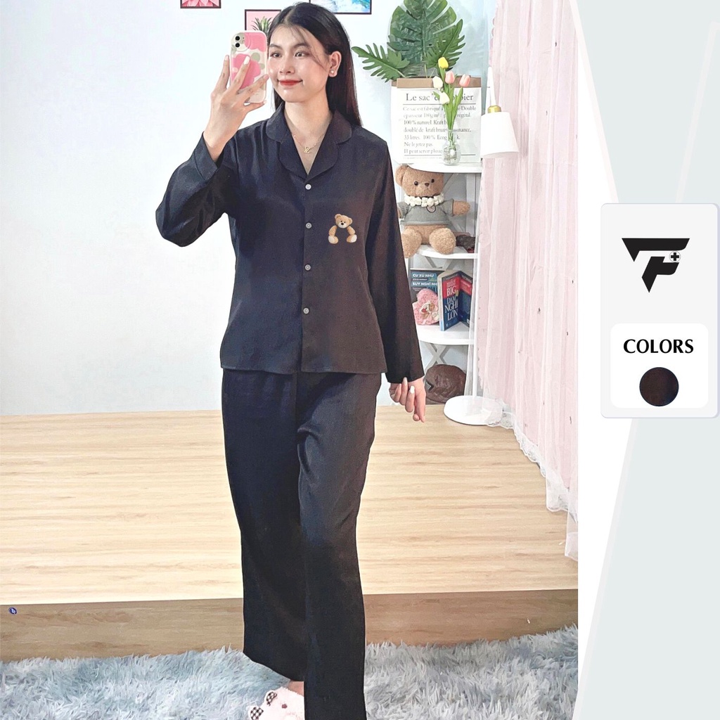 Bộ pijama Tơ Tằm Ánh Kim T4 in hình Gấu cute set đồ mặc nhà tay dài quần dài