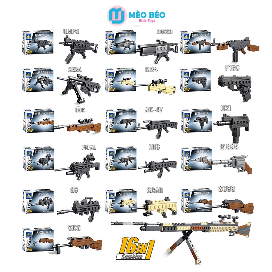 Lẻ - Mô Hình Súng lego 16in1 phỏng Theo PUBG, FreeFire, CSGO Mèo Béo Kids Store