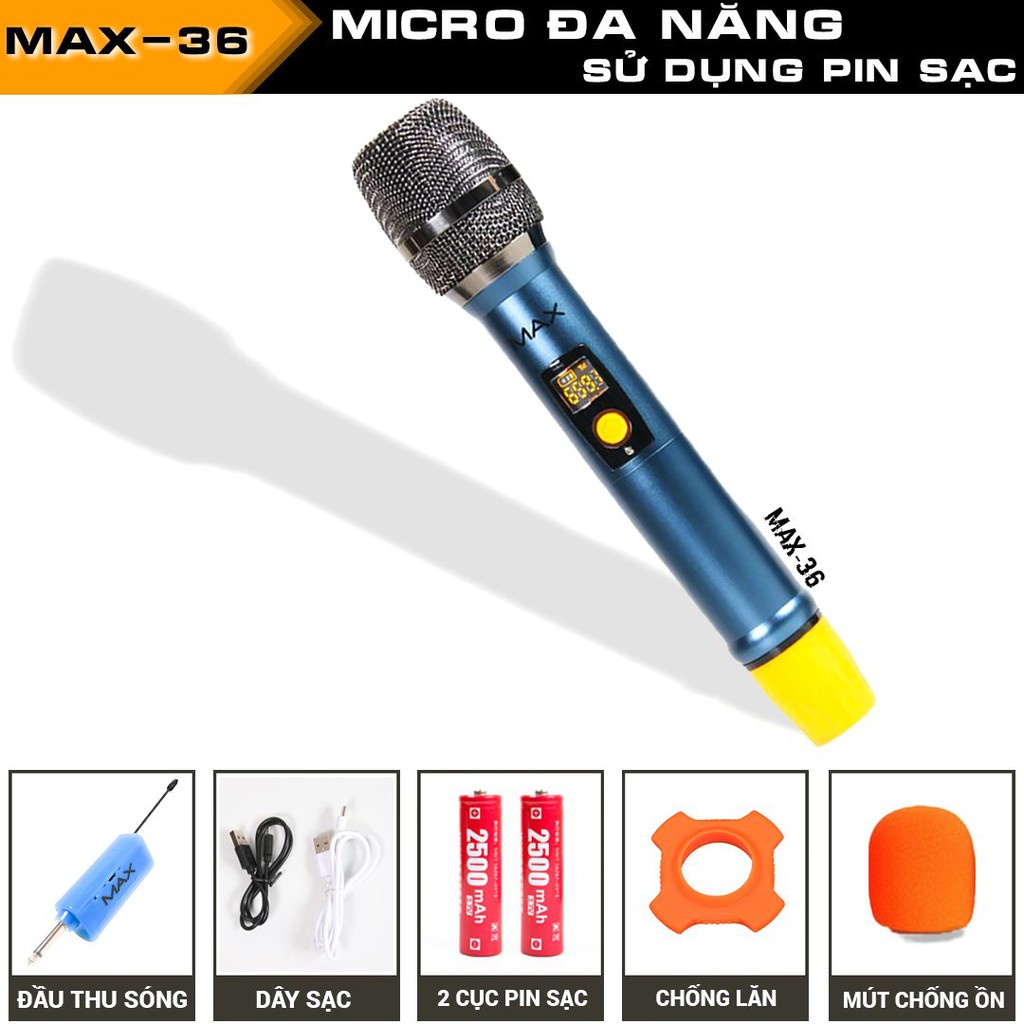 Micro Không Dây Karaoke Max 36 & Max 56, Pin Sạc, Mẫu Mới 2023, Màn Hình LED, Chống Hú Tốt, Hát Nhẹ, Sóng Mạnh