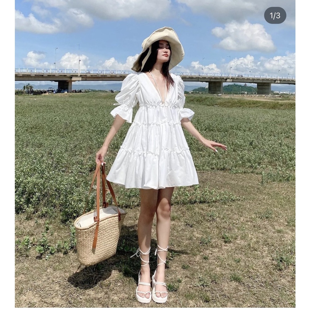 ĐẦM BBD CỔ V XÒE TRẮNG TAY BO BÈO (TH)