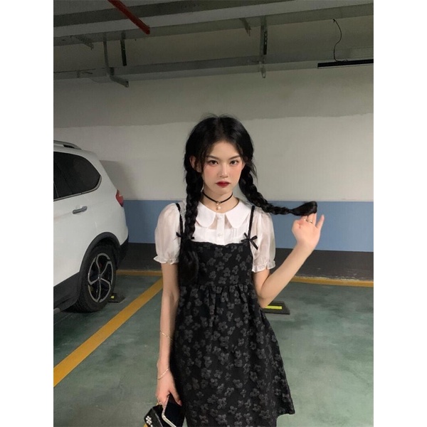 Set váy hai dây babydoll hoa và áo sơ mi trắng tay bồng FOOTMADE