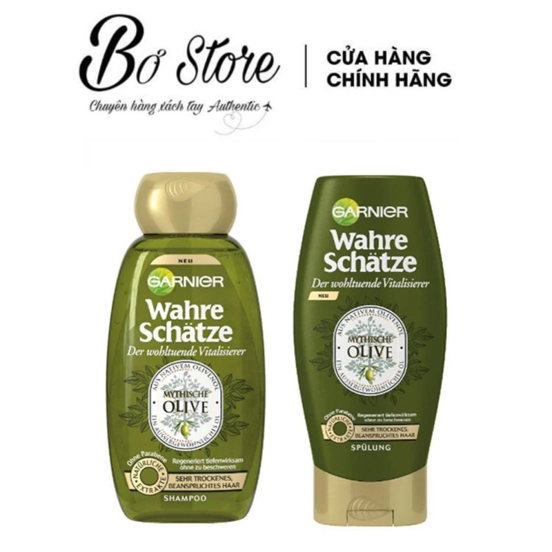 Cặp gội xả GARNIER Wahre Schätze Oliu với tinh chất dầu Oliu, nuôi dưỡng phục hồi tóc hư tổn, 250ml &200ml