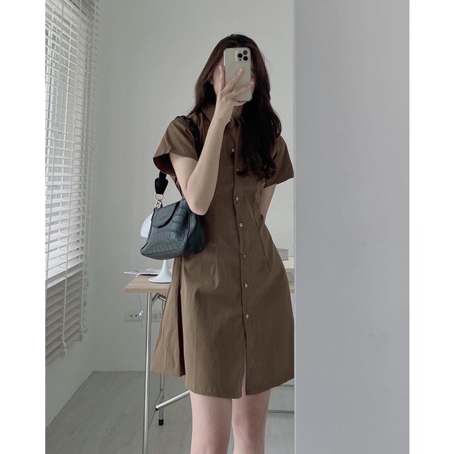 Đầm nữ sơmi cài cúc dáng dài, Váy babydoll ulzzang kiểu hàn basic cổ bẻ dễ thương dự tiệt mặc nhà