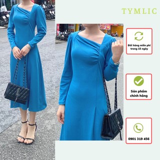 Đầm Gân Xòe Midi Nhún Ngực Màu Xanh TYMLIC