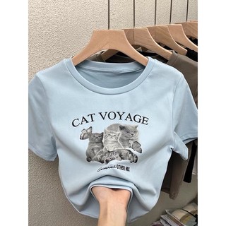 Áo Croptop tay ngắn cổ tròn in hình mèo dễ thương